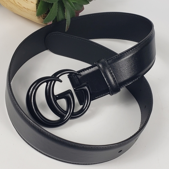 Gucci Black Leather Metal GG Logo Buckle AUTHENTIC 4 CM Unisex - Picture 1 of 12